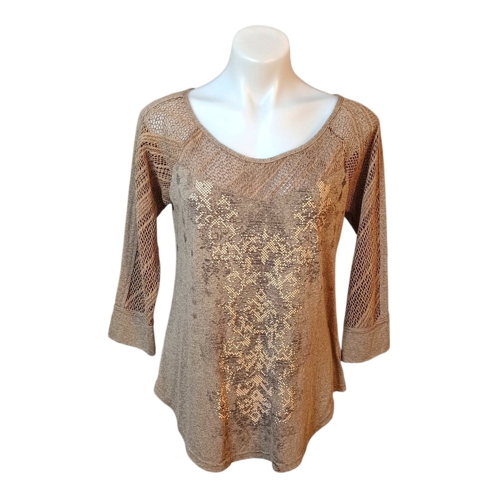 Miss Me Womens Large Cream Brown Tan Boho Crochet Studs 3/4‎ Sleeves Tunic Top